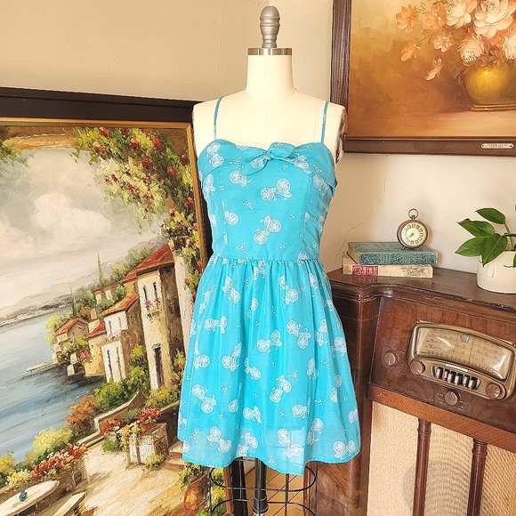 Retro Blue bicycle print cotton summer dress size 2 - Picture 1 of 8